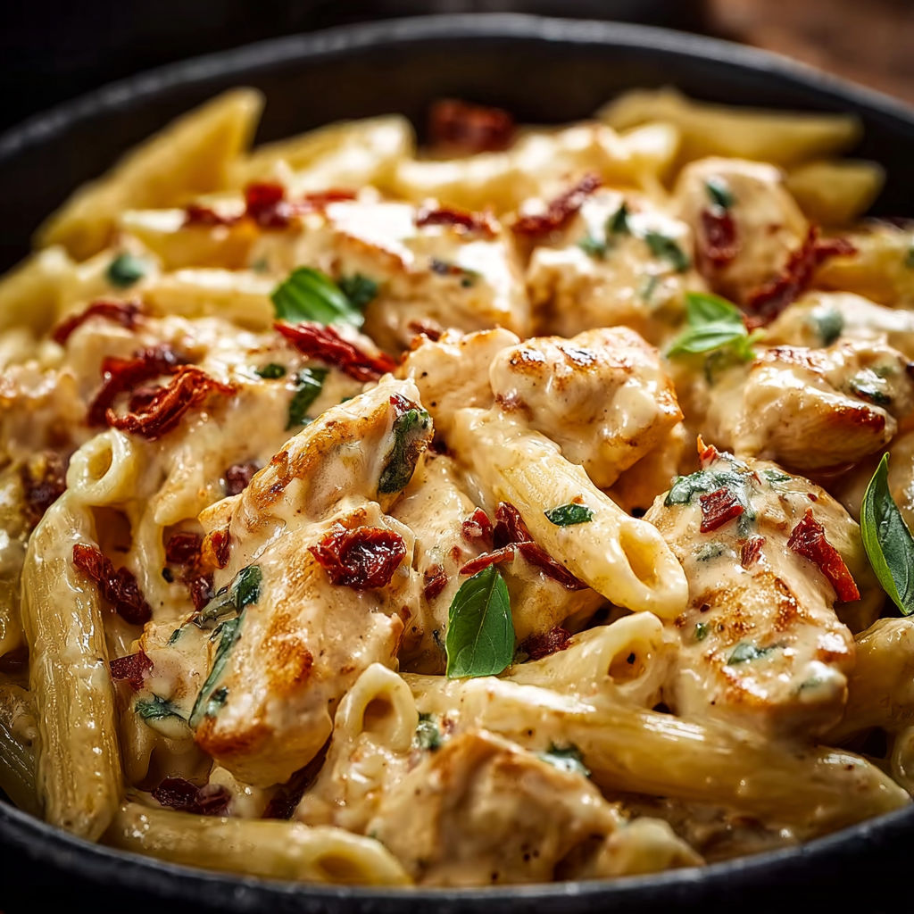 A bowl of creamy chicken penne pasta.