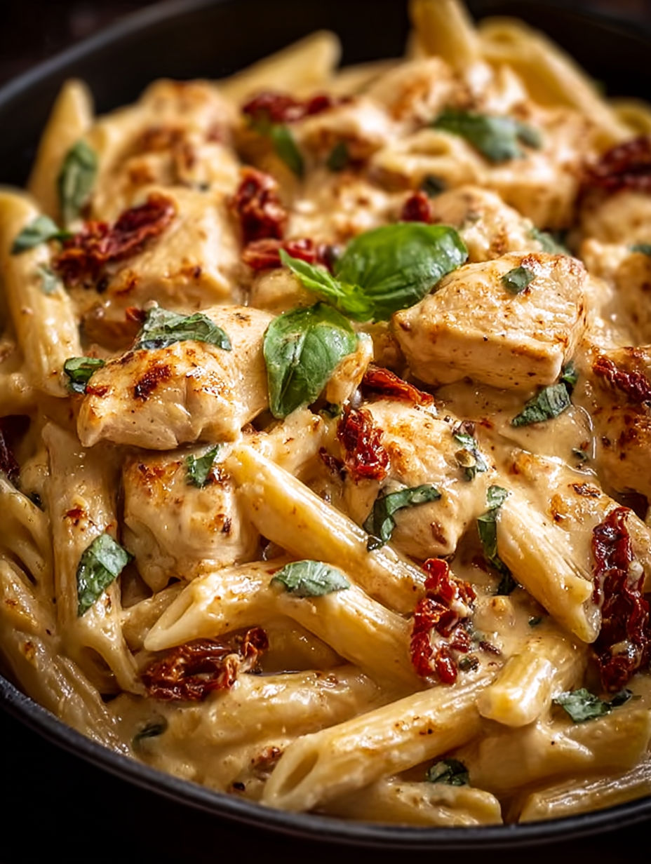 A creamy chicken penne pasta dish.