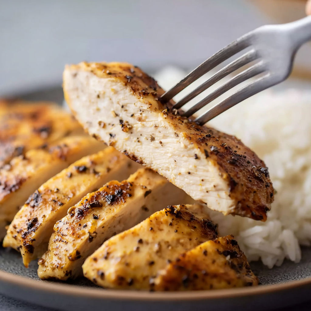 A fork is being used to eat chicken.