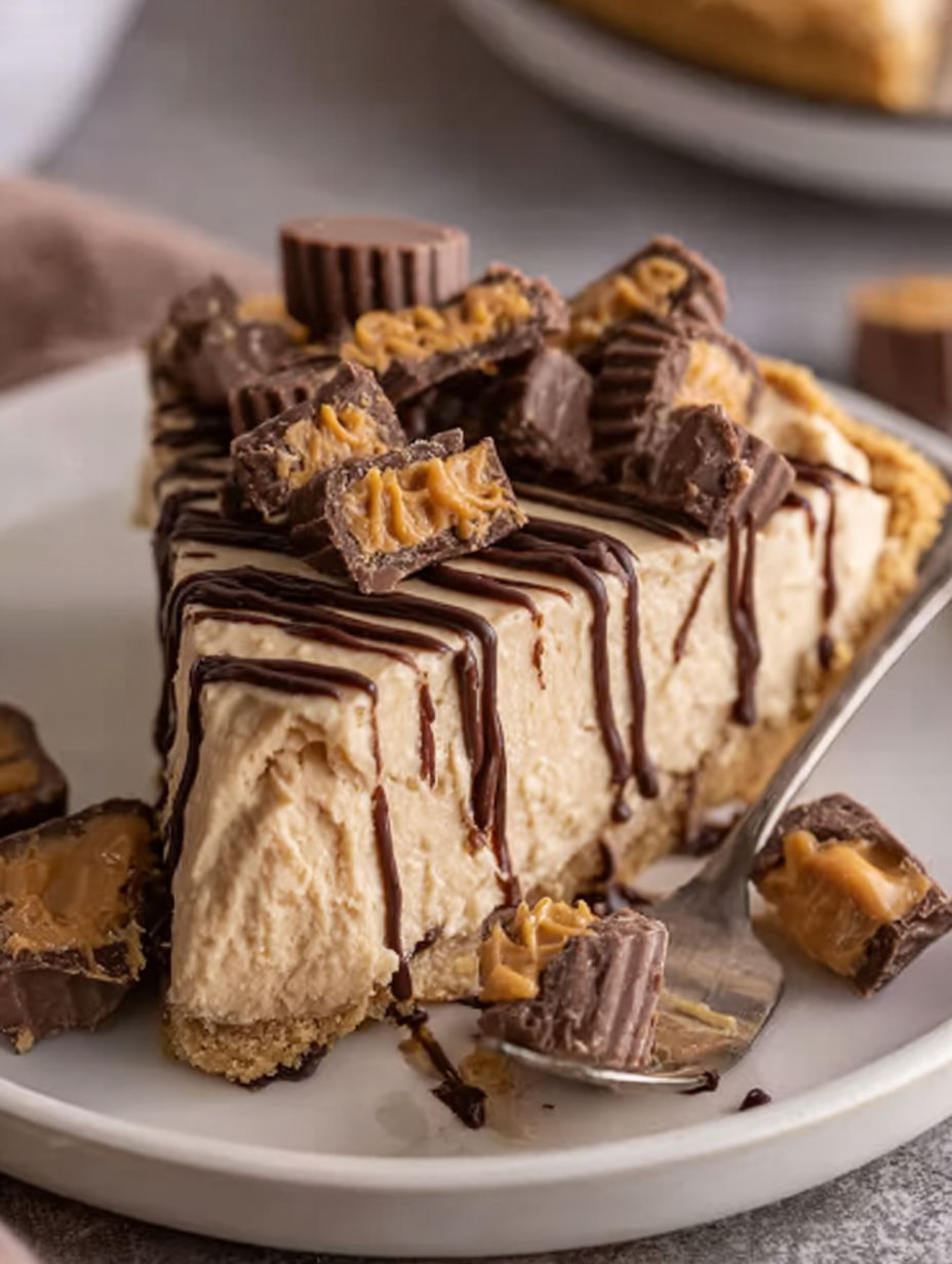 A slice of peanut butter pie with chocolate drizzle.
