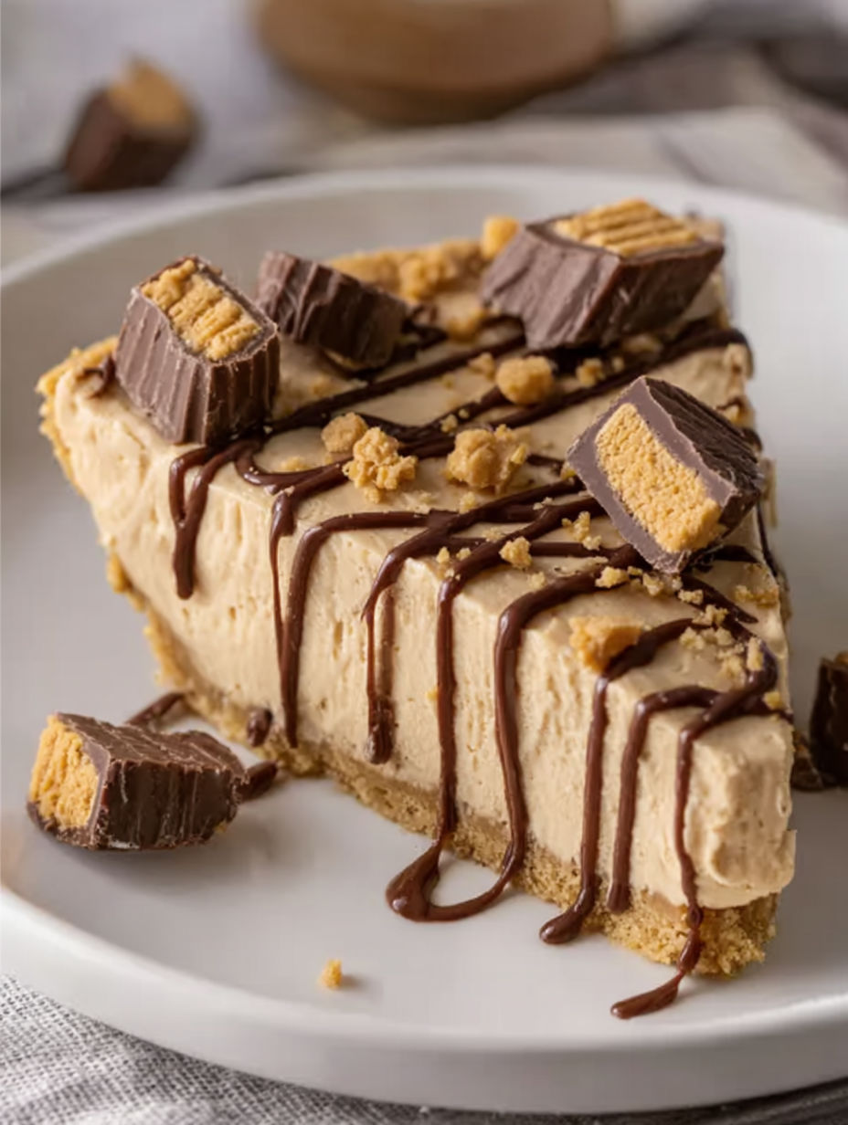 A slice of pie with chocolate drizzled on top.