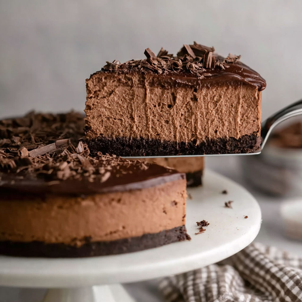 A slice of chocolate cheesecake on a plate.