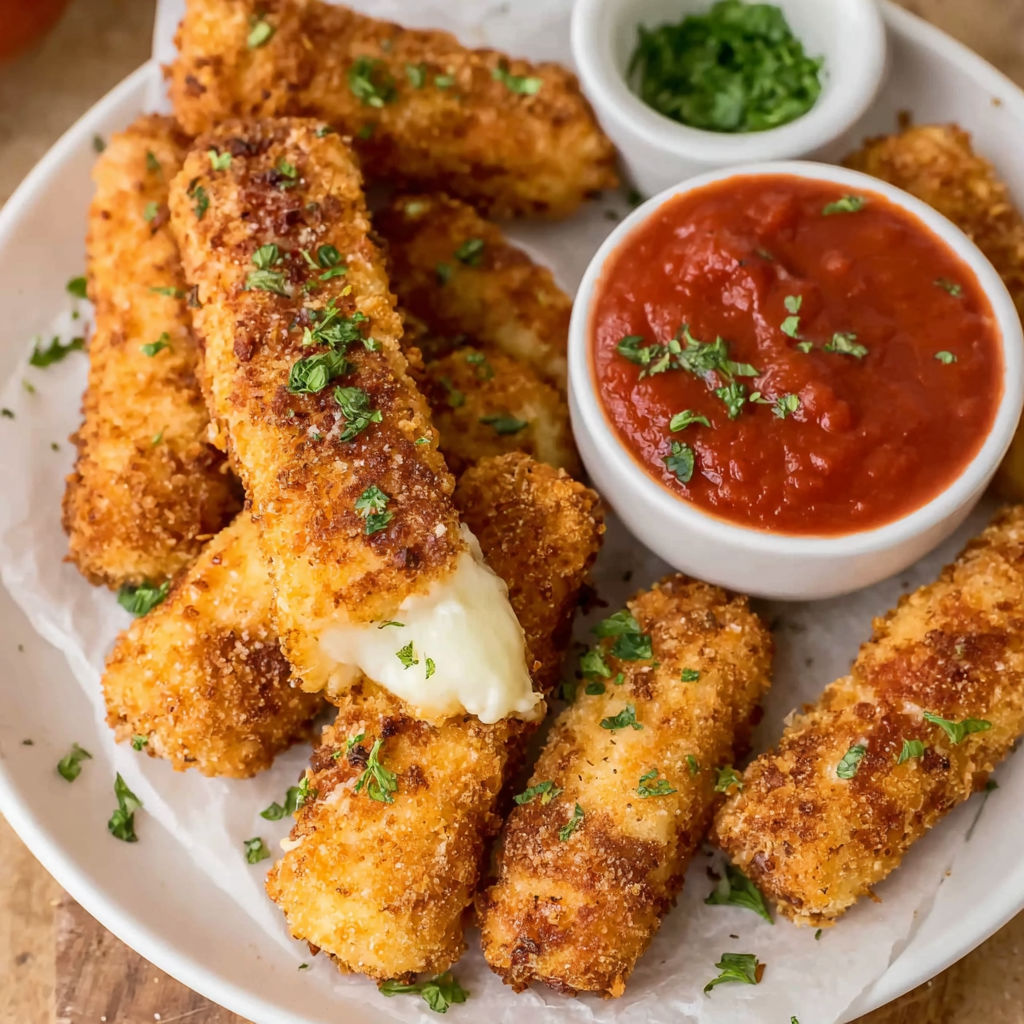 Mozzarella sticks in a bowl with marinara sauce.