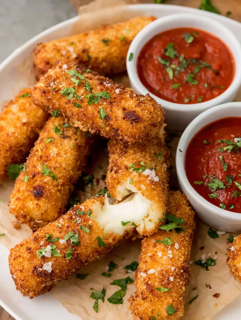 Mozzarella sticks with marinara sauce and parsley.