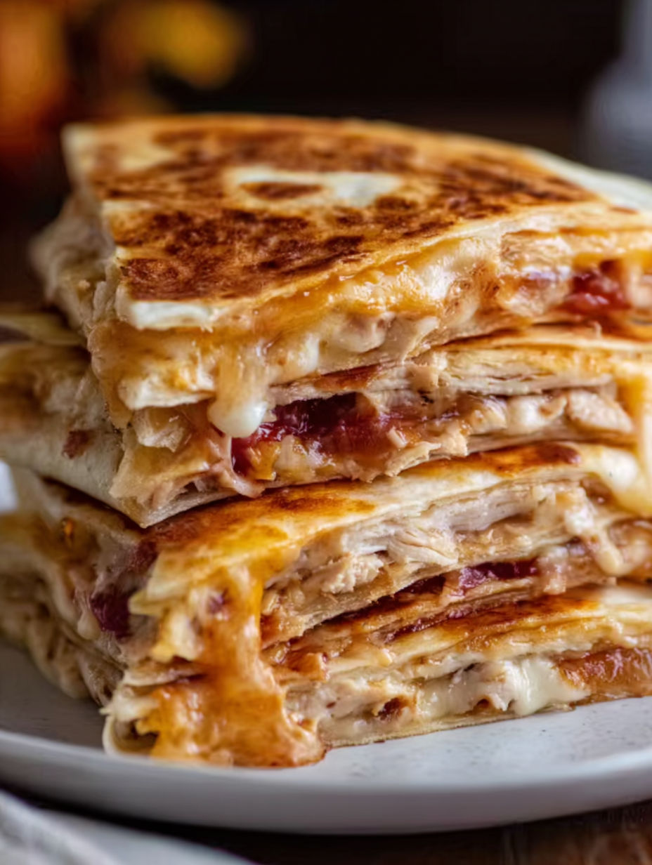 A stack of quesadillas with cheese and meat.
