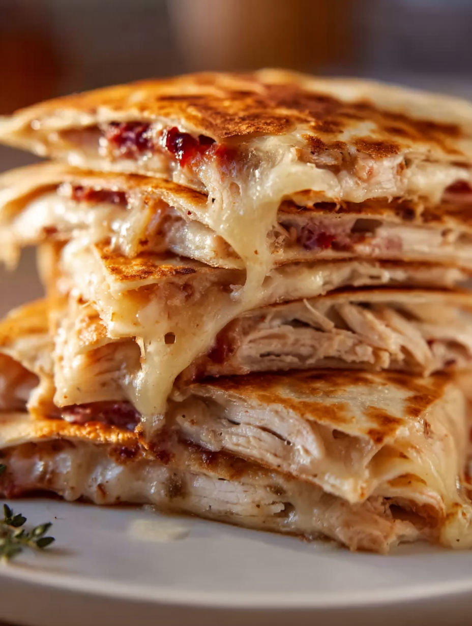 A stack of quesadillas with meat and cheese.