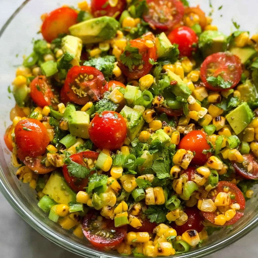 A bowl of roasted corn salad with avocado.