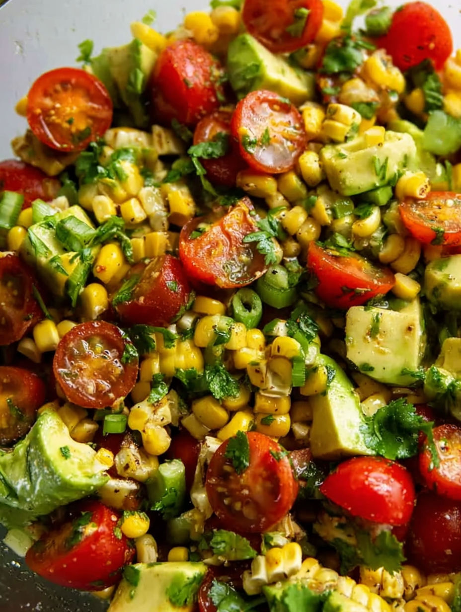 A close up of a salad with corn, tomatoes, and avocado.