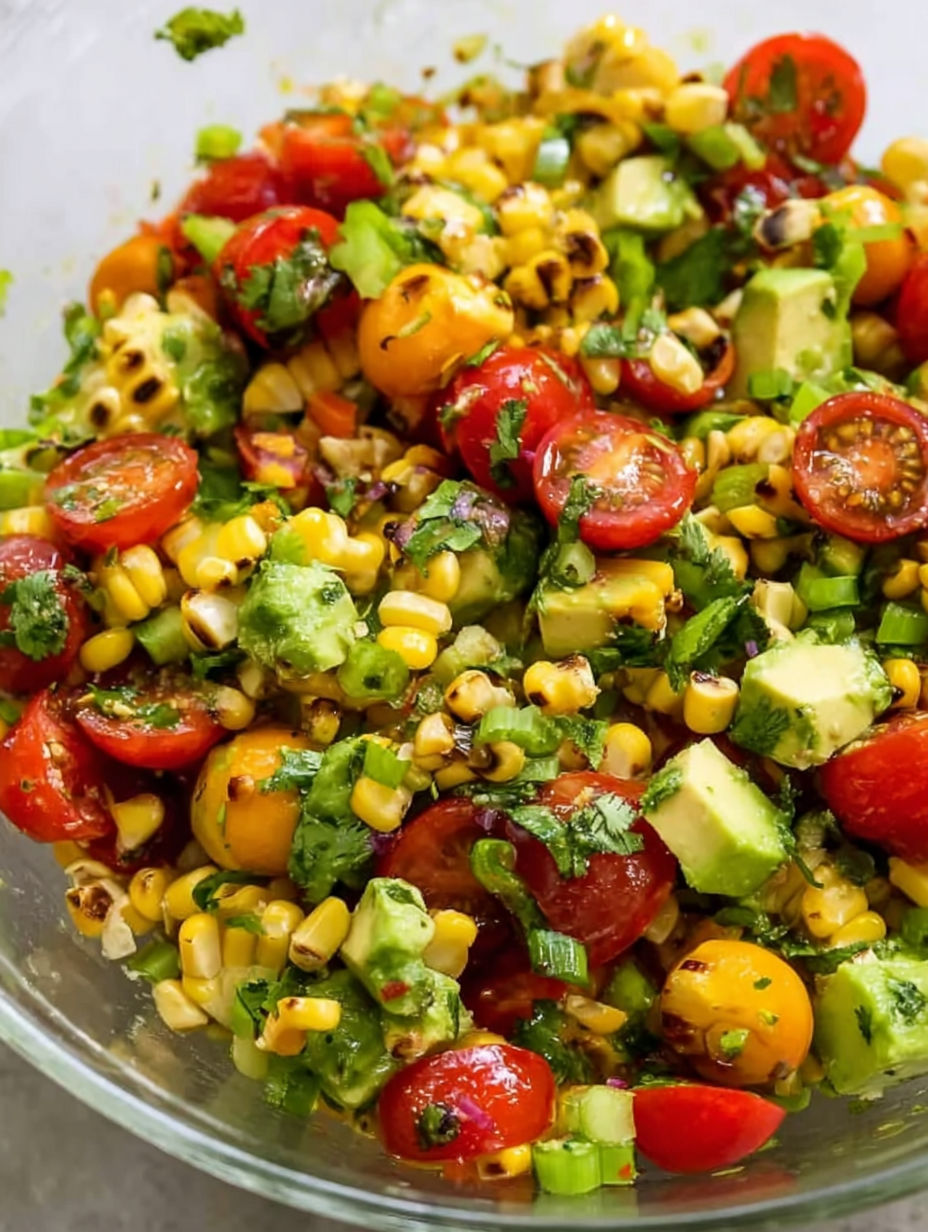 A bowl of roasted corn salad with avocado.