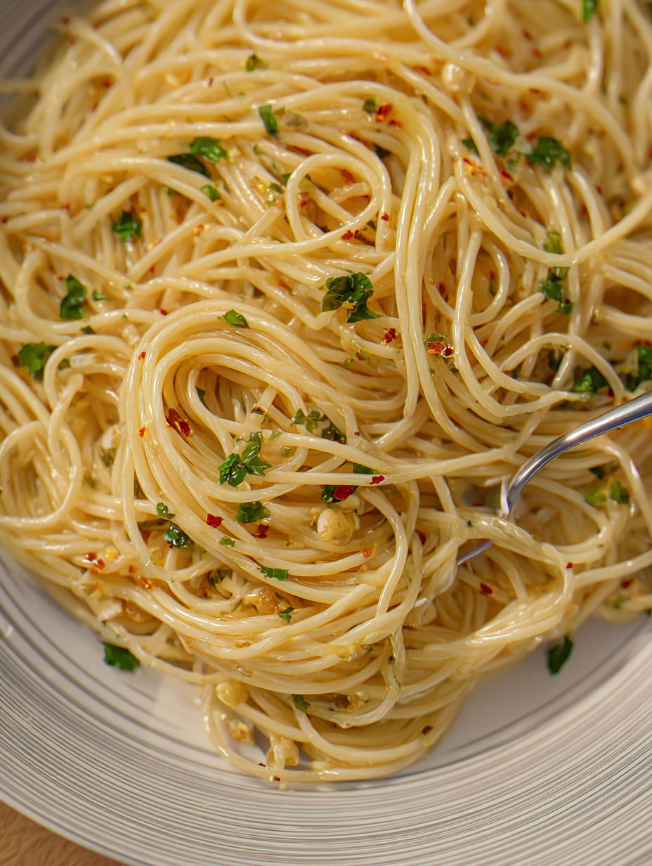 A plate of spaghetti with garlic and oil.
