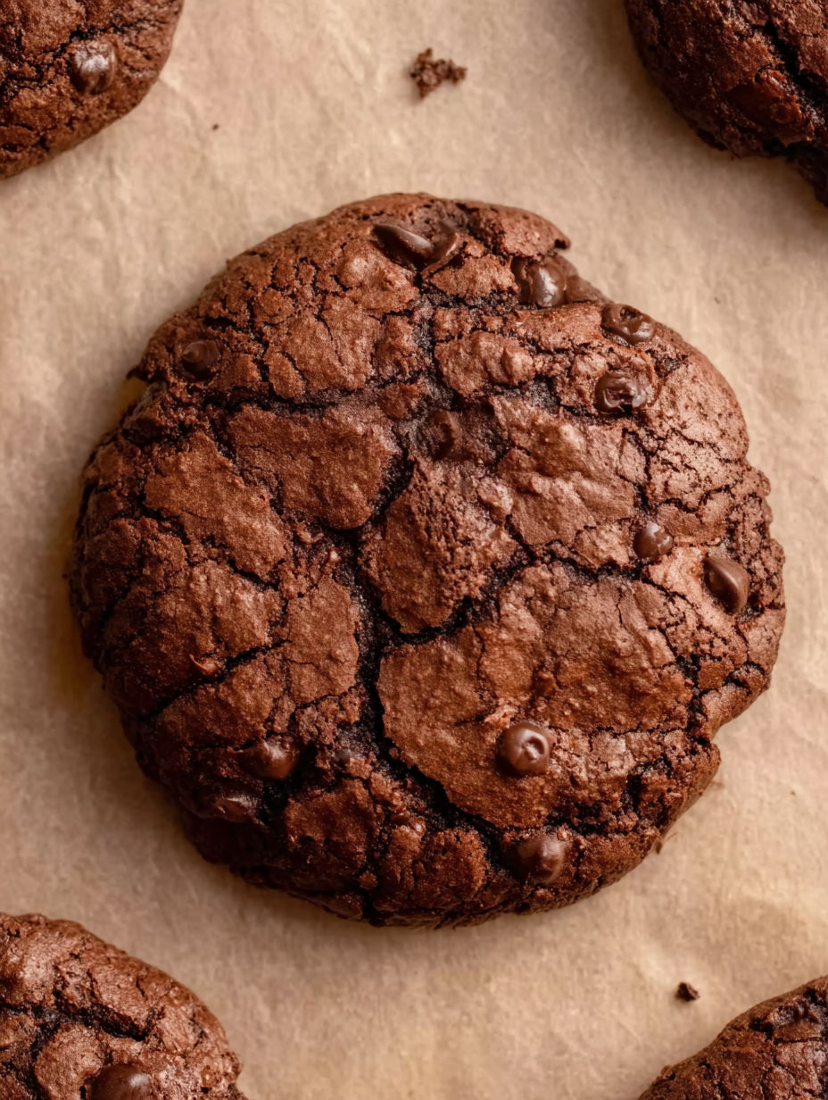 A close up of a chocolate cookie with chocolate chips.