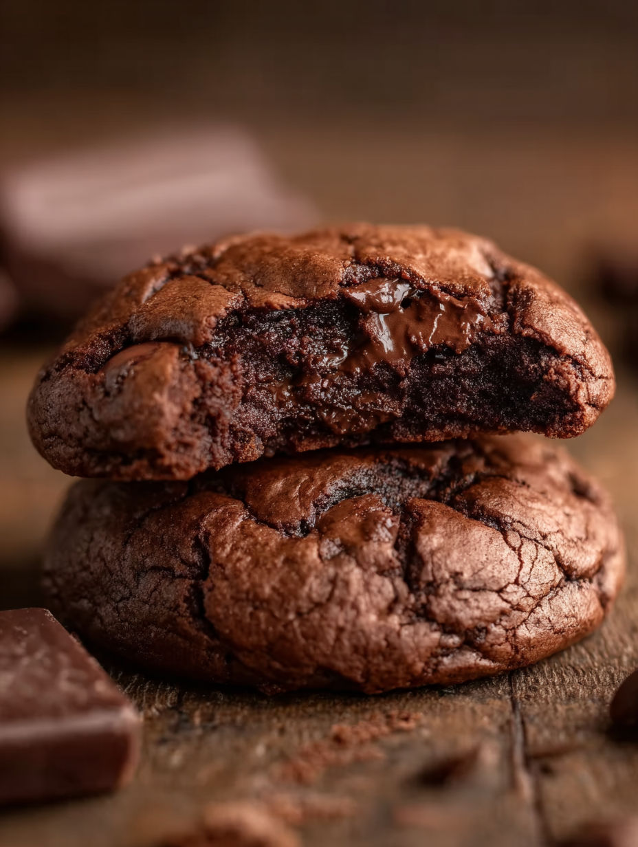 Two chocolate cookies with chocolate drizzle.