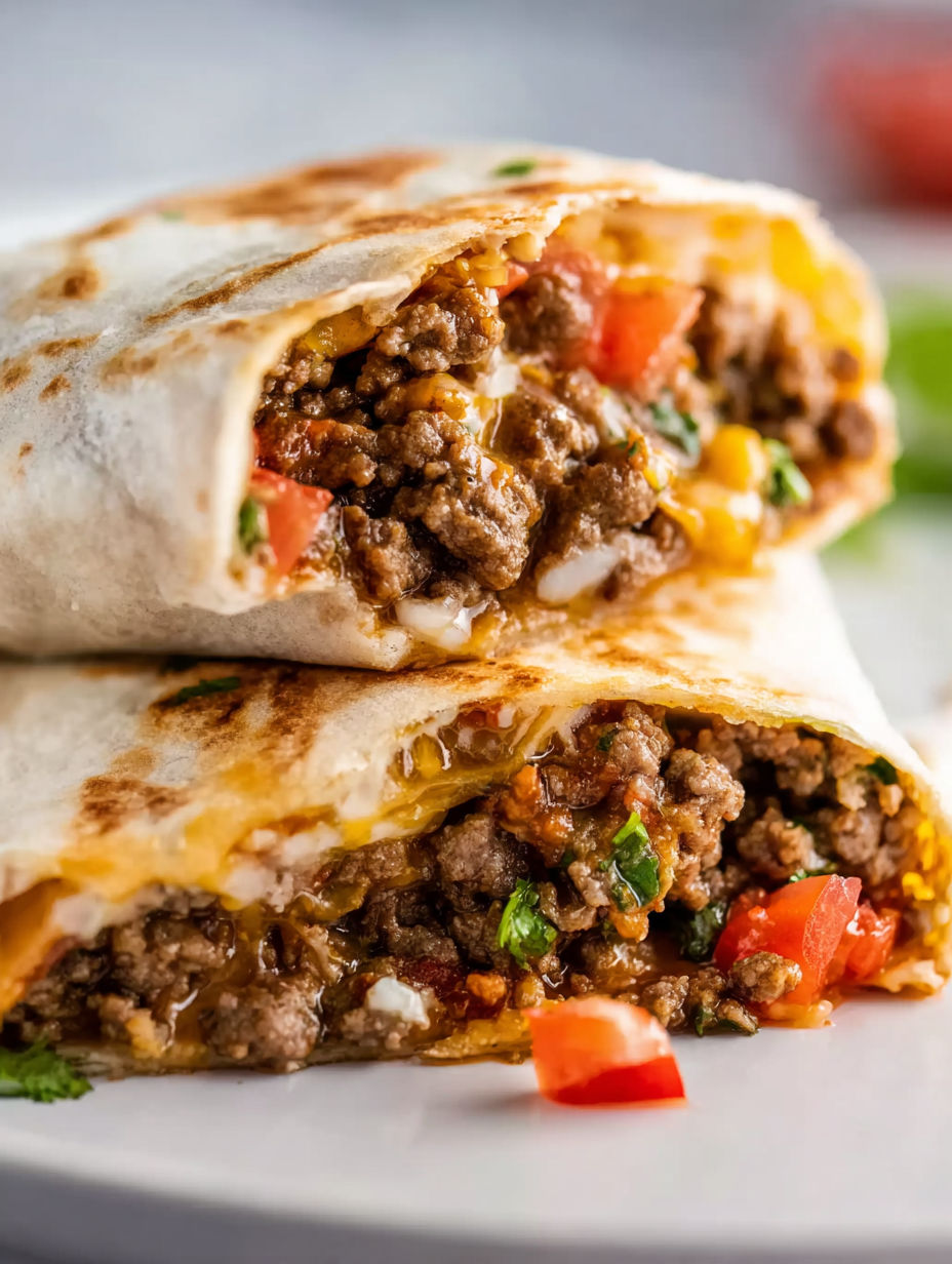 A burrito with meat and tomatoes.