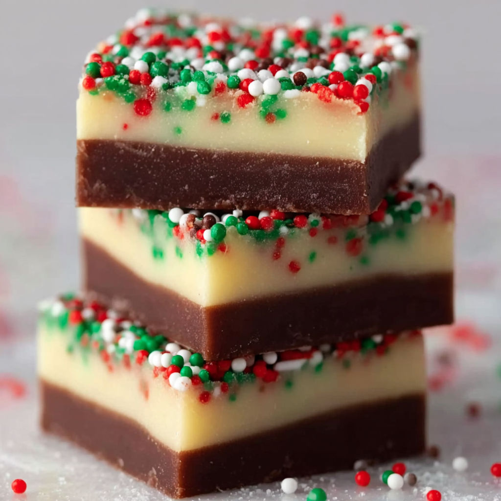 A stack of three chocolate and white fudge bars.