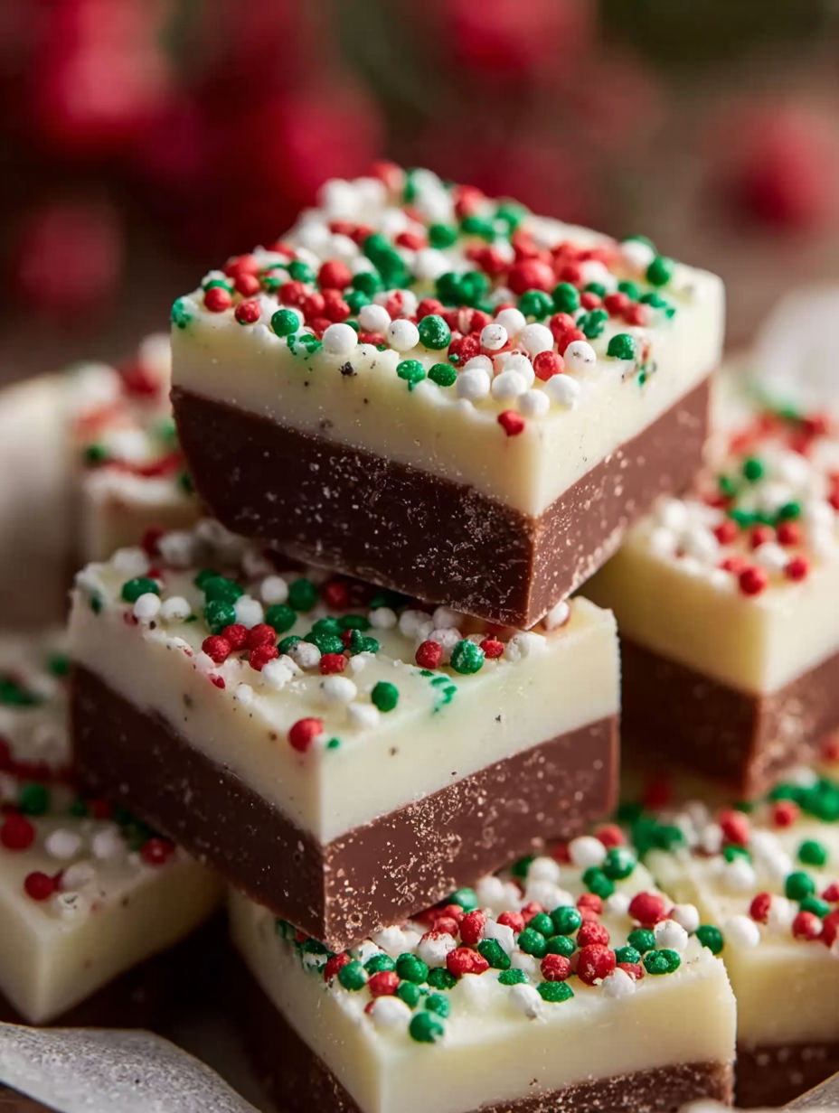 A stack of chocolate and white fudge squares.