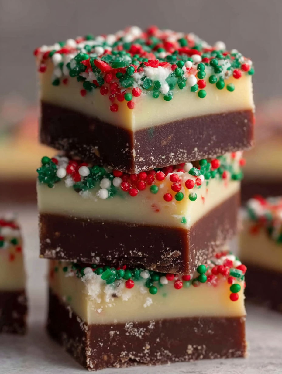 A stack of Christmas fudge with red and green sprinkles.