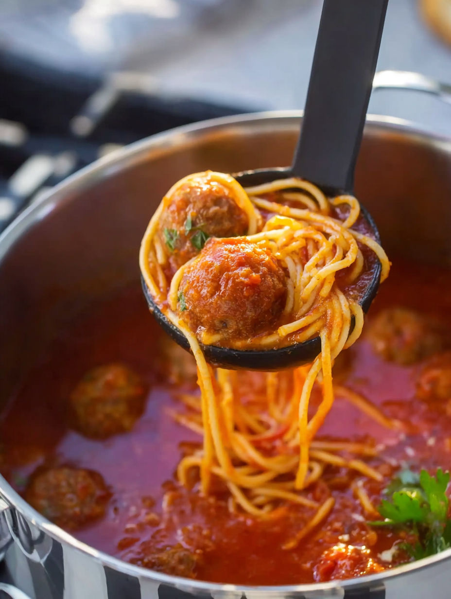 A spaghetti and meatball soup is being served.
