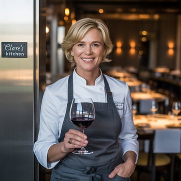 A woman in a chef's outfit holding a glass of red wine.