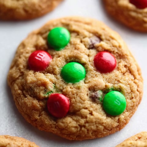 A close up of a cookie with green and red M&M's.