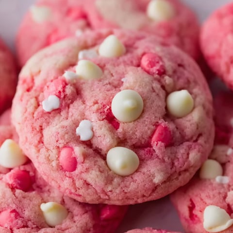 A plate of pink cookies with white icing.