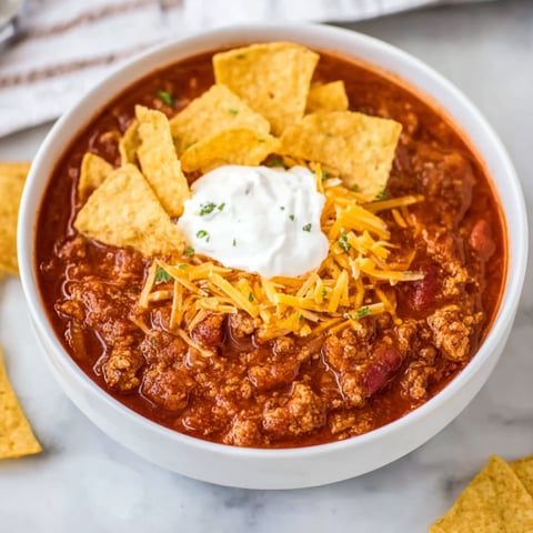 A bowl of chili with chips on top.