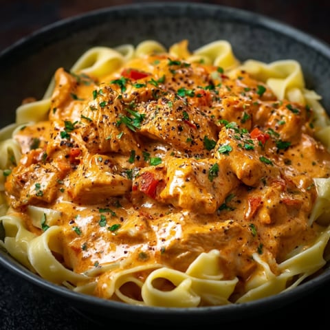 A bowl of creamy paprika chicken with tagliatelle.