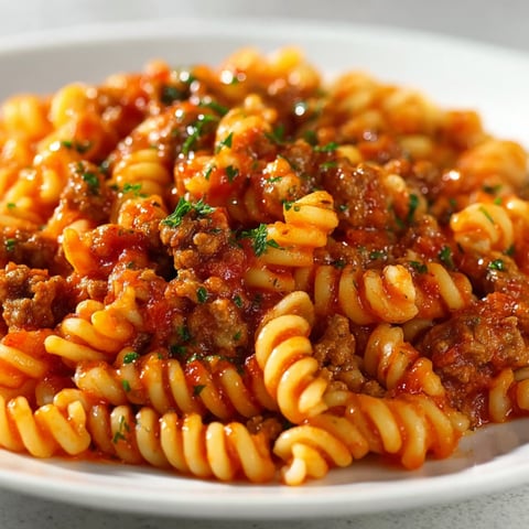 A plate of pasta with meat and tomato sauce.