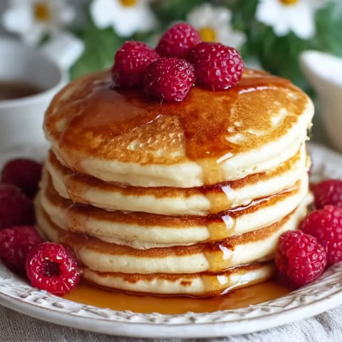 A stack of fluffy pancakes with raspberries on top.