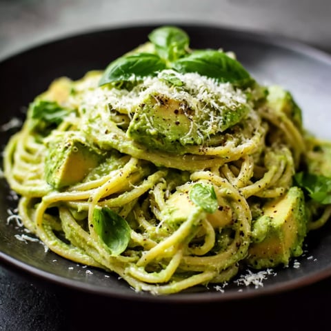 A plate of pasta with avocado and cheese.