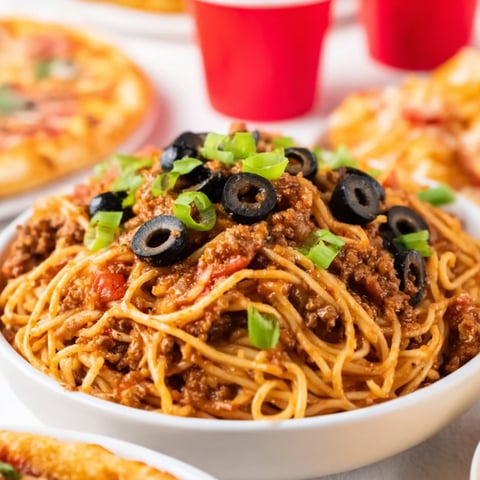 A bowl of spaghetti with meat and olives.