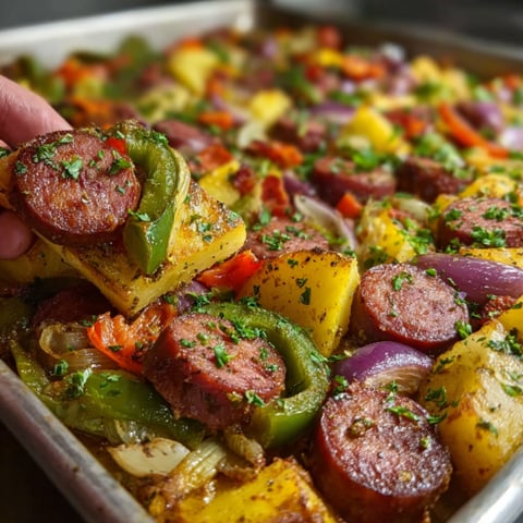 A person is putting kielbasa on a pan.