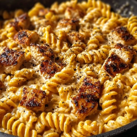 A skillet of pasta with chicken and cheese.