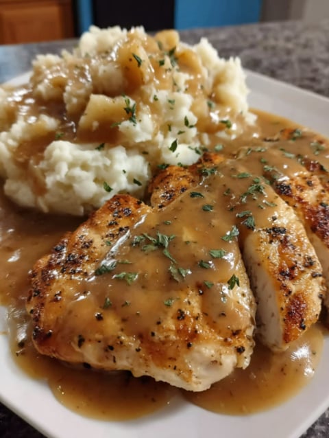 A plate of chicken with gravy and mashed potatoes.