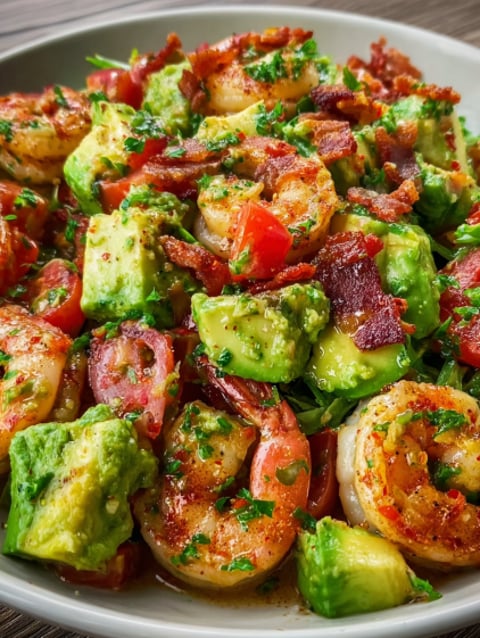 A close up of a salad with shrimp, avocado, and bacon.