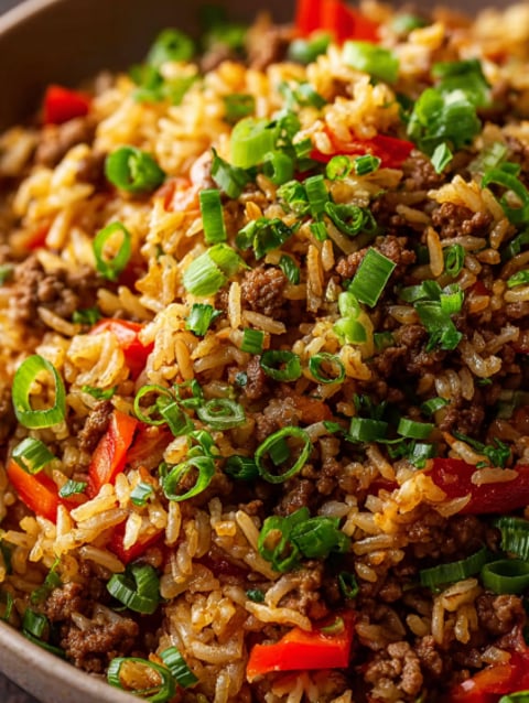 A close up of a dish of dirty rice.