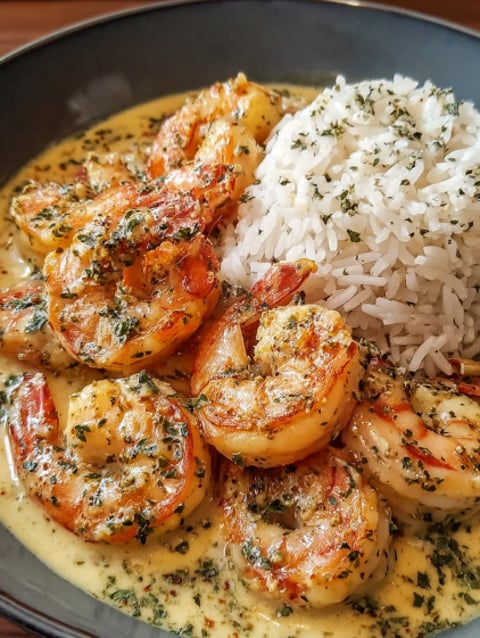 A bowl of shrimp and rice with a creamy garlic butter sauce.