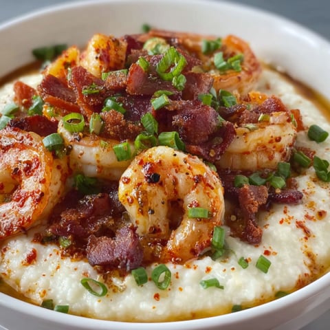 A bowl of shrimp grits with bacon and green onions.