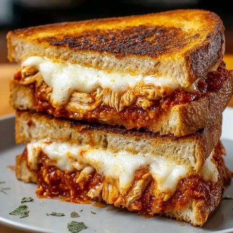 A grilled cheese sandwich with chicken and marinara sauce.