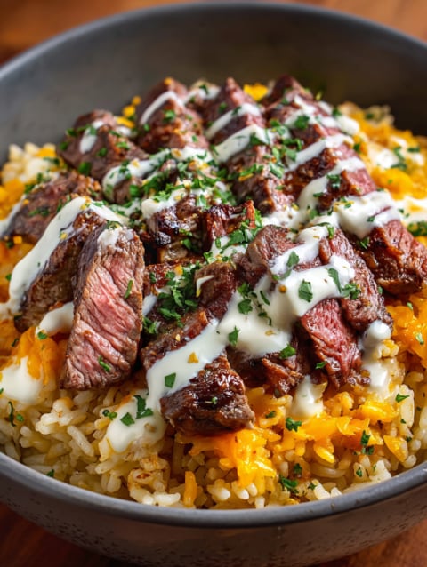 A bowl of rice with steak and cheese.