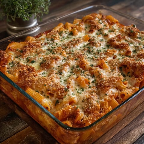 A baked pasta dish with cheese and herbs.