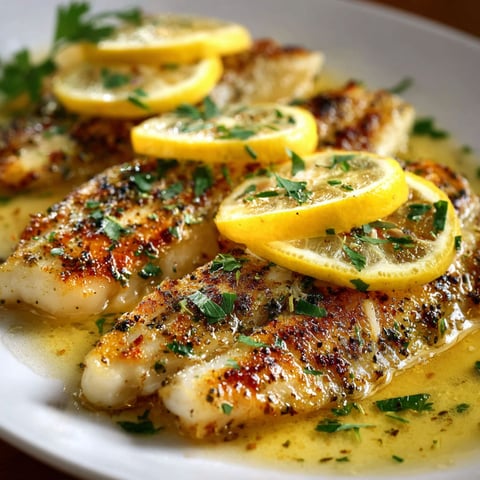 A plate of fish with lemon slices on top.