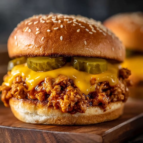 A Cajun Chicken Sloppy Joes sandwich with pickles on top.