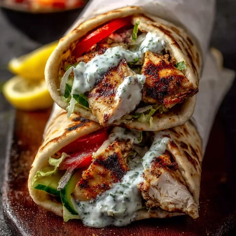 A Greek chicken souvlaki is served on a wooden platter.