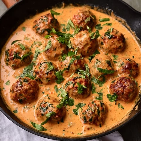 A pan of creamy tomato basil meatballs.