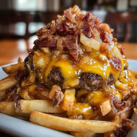 A plate of food with a cheeseburger and bacon on top.