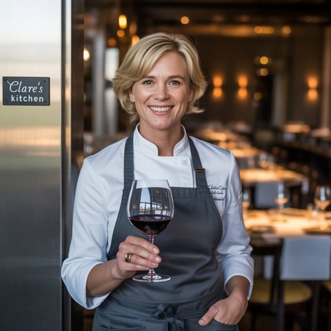 A woman in a chef's outfit holding a glass of red wine.