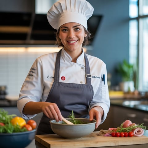 A chef in a kitchen preparing food.