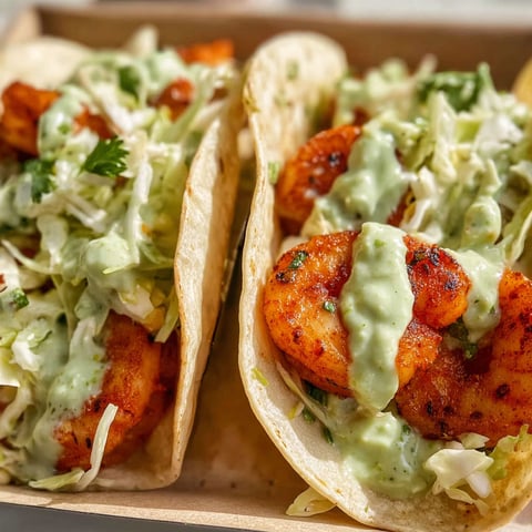 Two shrimp tacos with sauce.