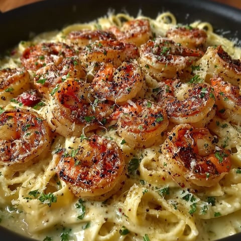 A delicious one pan shrimp fettuccine alfredo.