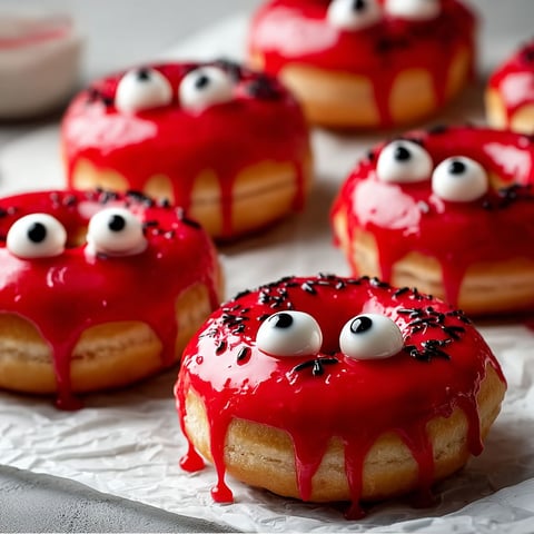 A plate of red frosted donuts with black eyes.